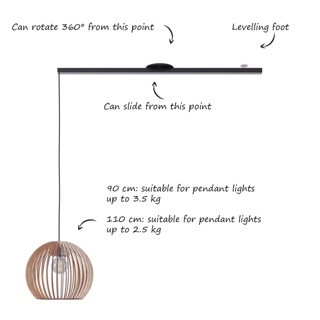 Lightswing product picture with text; - can rotate 360 degrees -levelling foot - can slide from middle - 90cm: suitable for pendant lights up to 3,5 kg - 110cm: suitable for pendant lights up to 2,5 kg