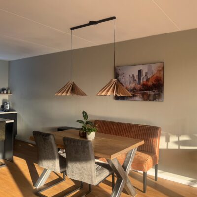 LightswingTwinBlack_with_PendantLightNovoNatural_Website Lightswing® Twin Matt Black with two Pendant Lights Novo Naturel above dining table in modern dining room