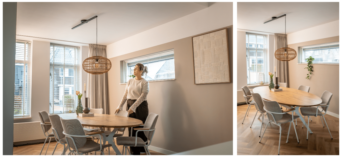 Dining area with wooden table and pendant light on Lightswing® system, shown in a two-image layout